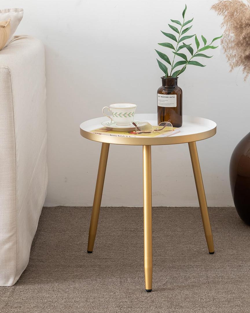 AOJEZOR Side Table: End Table for Any Room - Round Side Tables for Small Spaces - White Top with 3 Gold Legged (16.9Dia x 17''H, White/Gold)
