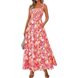 PRETTYGARDEN Womens Summer Dresses Floral Sleeveless Smocked Maxi Dress Boho Spaghetti Strap A Line Flowy Beach Long Sundress M