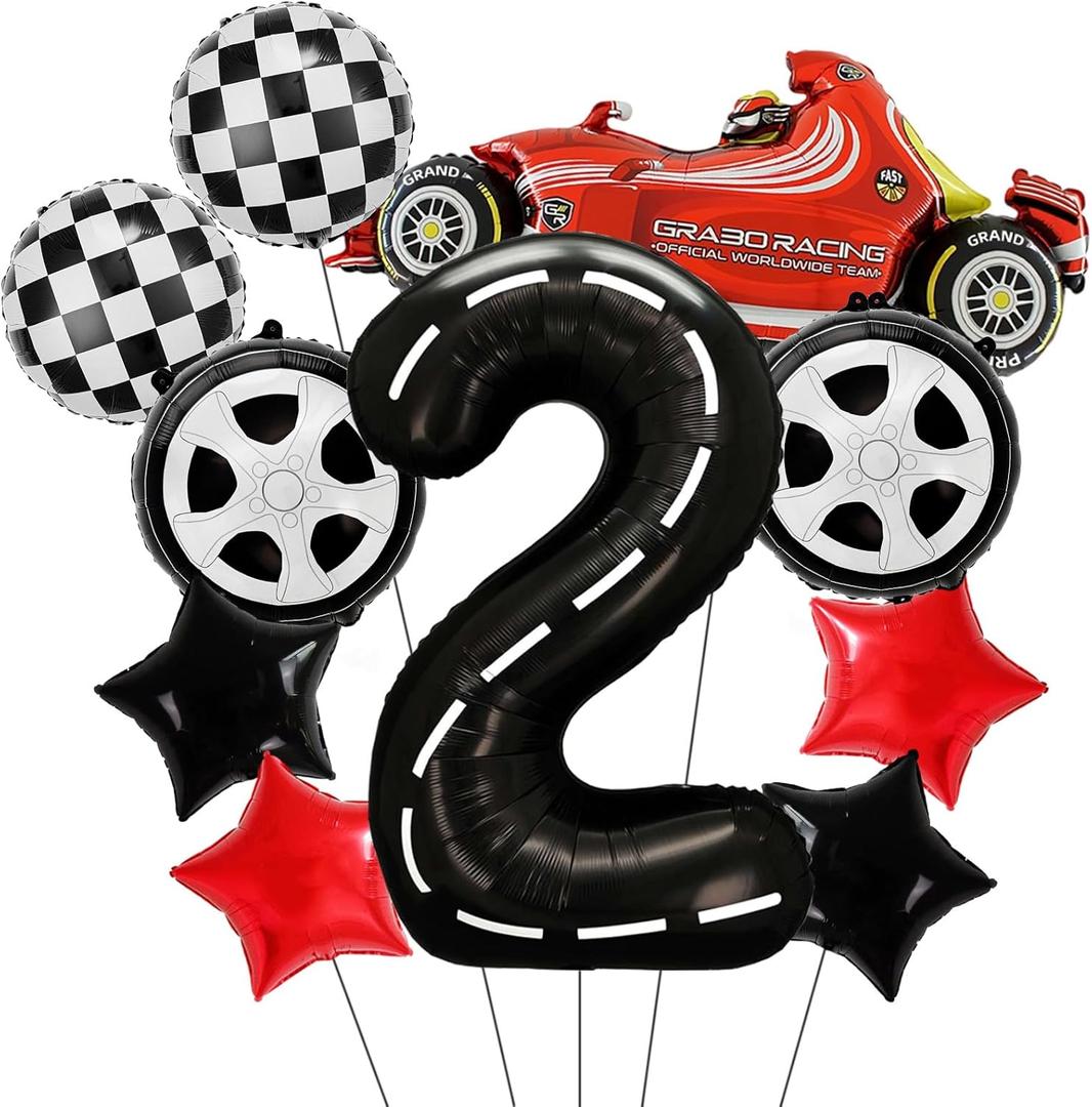 2 x Racing Party Decorations  10PCS Race Car Balloons Set with Red Car, Tires, Stars, Checkered Patterns & Number 2 Foil Balloon for 2nd Birthday Party Supplies