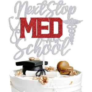 Next Stop Med School Cake Topper, Future Doctor Grad, Medical Degree College Student, High School Graduation Party Decoration Supplies, Silver and Red Glitter