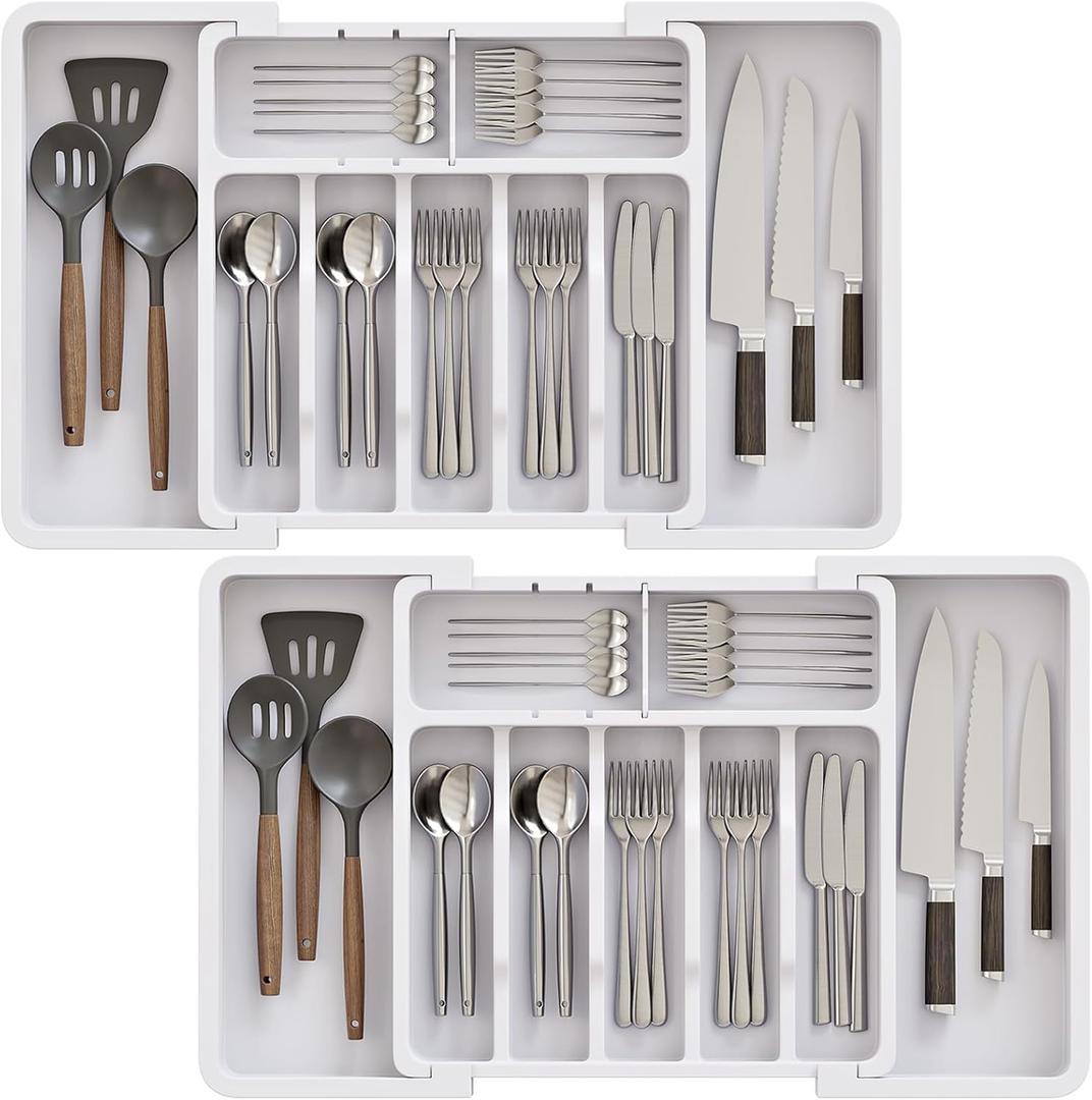 2 Pack Silverware Organizer, Expandable and Adjustable Kitchen Utensil Drawer Organizer, Plastic Cutlery Holder with Multiple Compartments,Cutlery Holder,for Spoons Forks Knives,White,UAFD012W