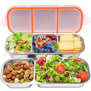2Pack Stainless Steel Snack Containers, Double/Three Compartment Sauce Cups,Reusable Condiment Box with Lids, Divided Food Storage Containers for School, Home, Travel (2 Compartment + 3 Compartment)