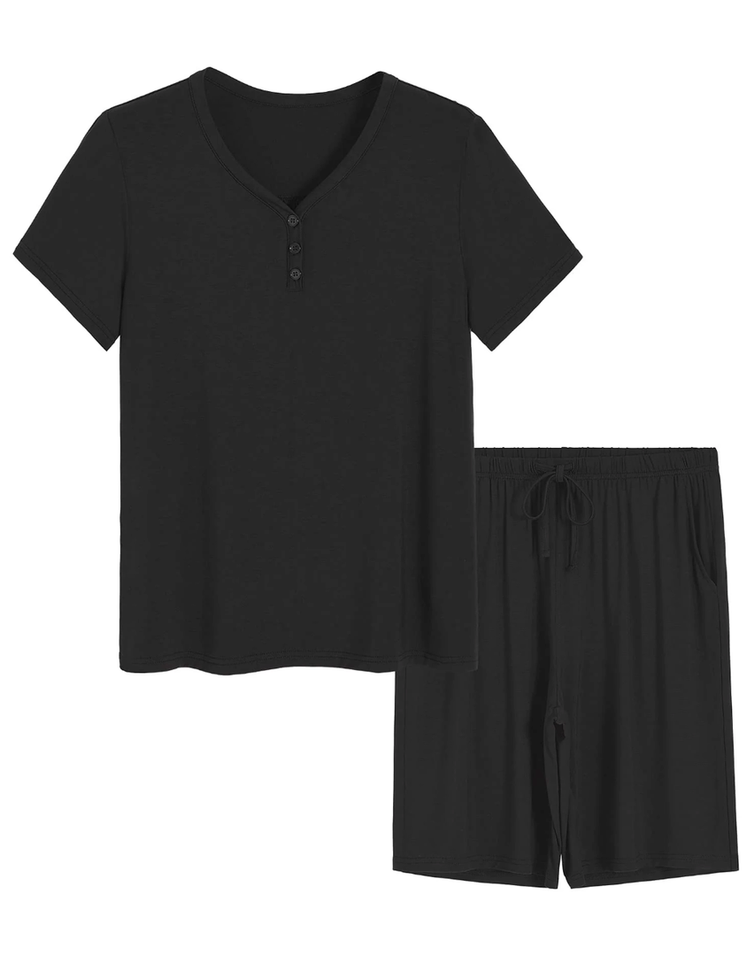 Women's Bamboo Viscose Bermuda Shorts Pajama Set Black and Blue XL 