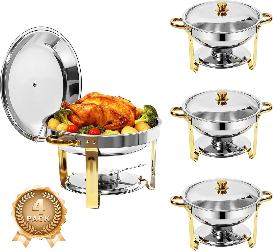 4-Pack Chafing Dish for Buffet Set, 6QT Round 304 Stainless Steel Buffet Food Warmers – Complete Set with Full Accessories for Catering, Wedding Events, Parties & Dinners