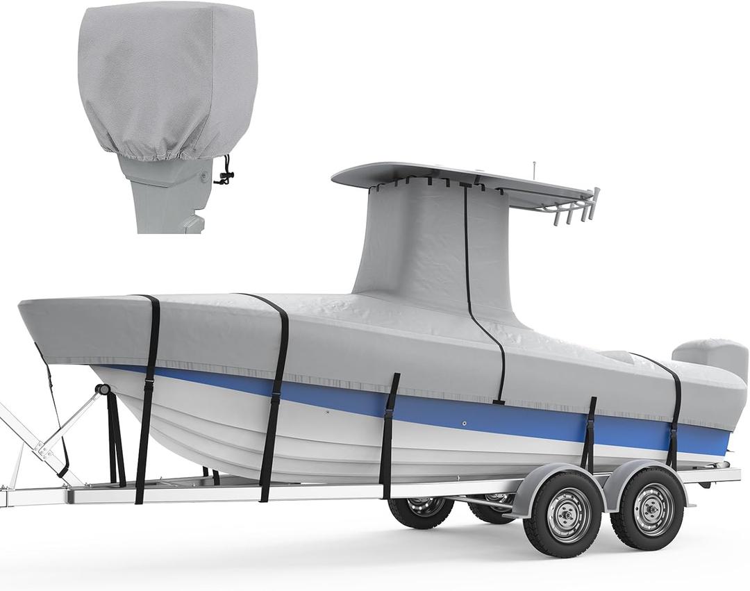 RVMasking Upgraded 1200D T-Top Boat Cover 100% Waterproof Heavy Duty Tear-Resistant Polyester with Motor Cover for Center Console Boat with T TOP Roof, 22'-24' Long Beam Width up to 116", Gray