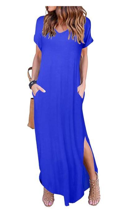 Women's Summer Maxi Dress Casual Loose Pockets Long Dress Short Sleeve Split Maxi Dresses Size S