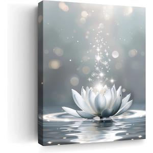 Lotus Flower Bloom in Water Canvas Wall Art Zen Spiritual White Floral Print Painting Pictures Framed Artwork Inspired Wall Art Decor for Zen Meditation Yoga Home Spa Zen Bedroom Bathroom Living Room (16"L x 12"W)