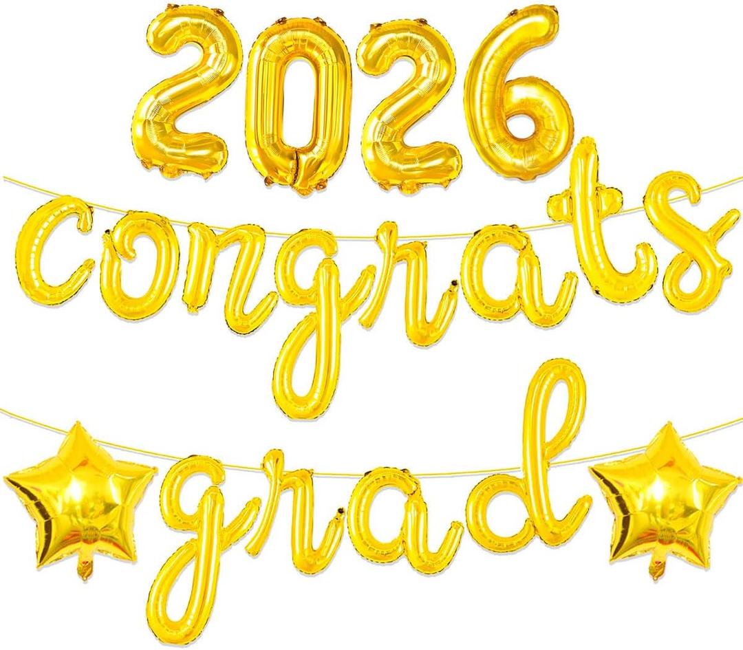 3 x Gold Congrats Grad Balloons 2026-16 Inch Gold 2026 Number Balloons Congrats Balloons for Grad Party Decorations