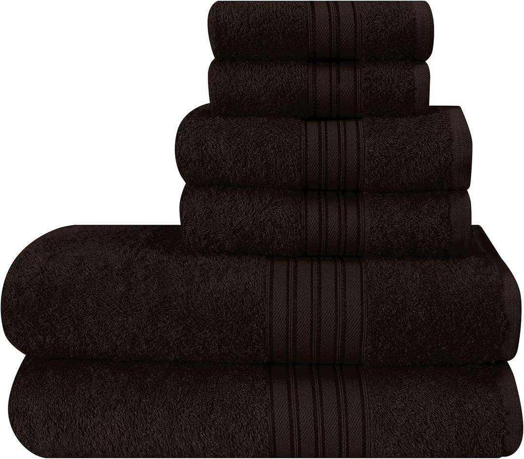 BOUTIQUO 6 Pack Cotton Towel Set, Contains 2 Bath Towels 28x55 inch, 2 Hand Towels 16x24 inch & 2 Wash Coths 12x12 inch, Ideal Everyday use, Ultra Soft Compact & Lightweight - Chocolate Brown