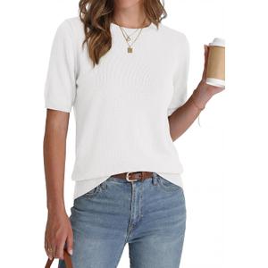 BTFBM Short Sleeve Sweater for Women Spring Tops Crew Neck Lightweight Pullover Loose Dressy Casual Blouse Basic Clothes (XX-Large, White)