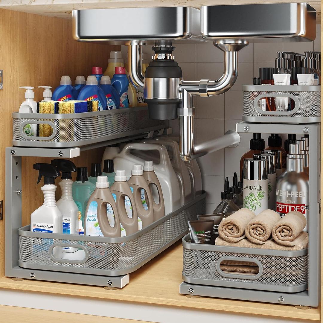 2 Pack 21.3IN-Depth Under Sink Organizer with Smooth Cylindrical Rail,2-Tier Pull Out Multi-Purpose Cabinet Storage for Bathroom&Kitchen,Height Adjustable,Rust-Resistant Coating-Gray