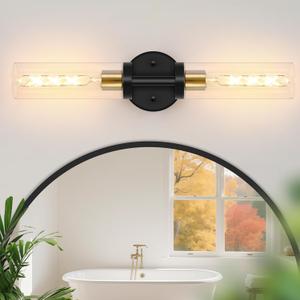 Baocuz 2-Light Bathroom Lighting Fixtures Over Mirror, Black and Gold Vanity Lights for Bathroom, Modern Sconces Wall Lighting with Clear Glass for Bathroom, Bedroom, Living Room (1-Pack)