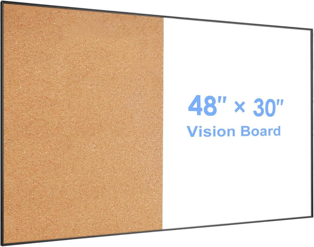 ARCOBIS Cork Board White Board Combo, Bulletin Board-Black Frame, Magnetic Dry Erase Board & Corkboard for Wall, Vision Board for Home, Office, School (Black, 48 x 30)