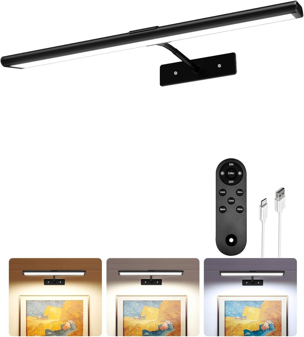 EZVALO Picture Light for Wall, 4800mAh Rechargeable Wireless Remote Battery Lights for Painting, 16In Dimmable Magnetic LED Art Display Light, Colors Temperatures, for Gallery, Living Room,Hallway (Black)