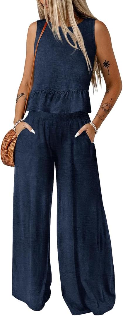 Dokotoo Pants Sets Women 2 Piece Outfits Sleeveless Round Neck Tank Tops Matching Sets for Women Elastic Waist Wide Leg (Medium, Blue)