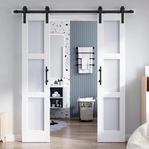 Double 1884 Inch Glass Barn Door Slab and 6.6ft Hardware Kit Included, 3 Frosted Glass, LVL Wood Panel Covered with White Water-Proof Scratch-Proof PVC Surface, Simple DIY Assembly