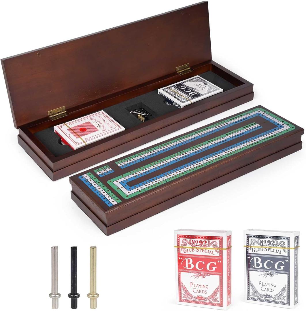 Wooden Cribbage Board Game Set, Premium Wooden Board with Magnetic Lock and Metal Pegs, Strategy Card Game Cribbage - Travel Portable Cribbage Game Sets for Family