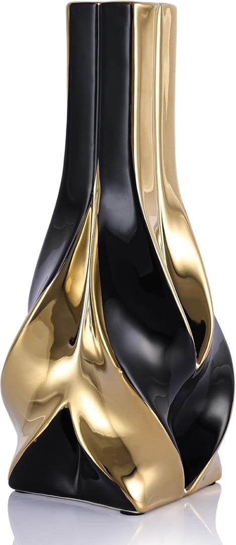 10.6 "Tall Black and Gold Ceramic Decor Vase, Modern Elegant Decor Home Vase for Living Room, Table Centerpiece, Desk, Office for Pampas Grass (Black Gold)
