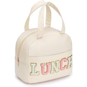 Lunch Bag for Women Insulated For Men PU leather Small Office Work lunch with Chenille Letters Leakproof Freezable Cooler Reusable Portable Box (White)