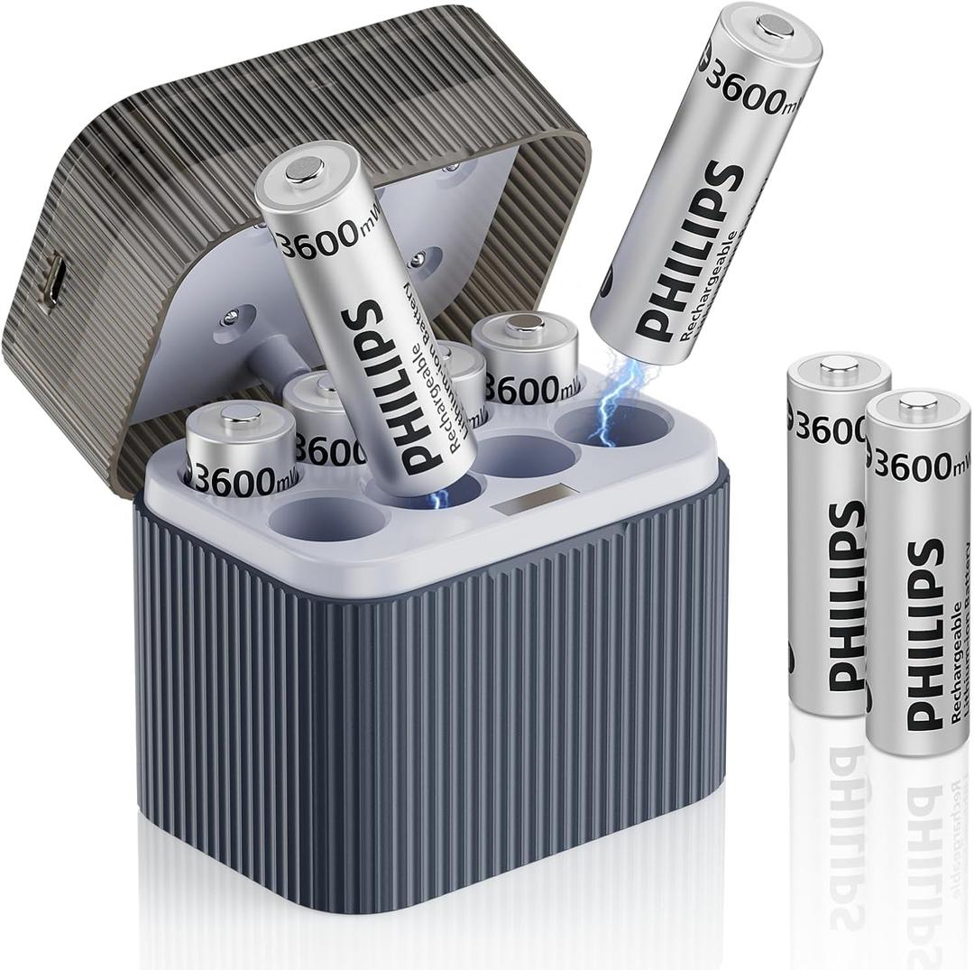 Philips AA Lithium Rechargeable Batteries 1.5V 3600mWh 8 Pack with Smart Charger - 1200 Cycle Life Li-ion Double A Battery Set for Game Controllers/Remote Controls/Electronic Devices
