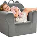 Kids Sofa Chair with Removable Washable Cover Kids Couch Toddler Chair Toddler Bed Cozy Crystal Velvet Furniture for Playtime, Naps & Travel (Soft Grey, Bear Design) (13.8 inches x 23.2 inches x 17.7 inches)