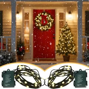 QBIS Outdoor Christmas Lights - Fairy Lights Battery Operated with Small Warm White LEDs, Green Wire, Multifunction, 6hr Timer, Indoor/Outdoor Battery Operated String for Wreath, Garland or Tree (2x 30 LEDs 10ft)