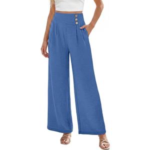 EVALESS Womens High Waisted Button Pleated Wide Leg Pants Beach Vacation Trouses, S