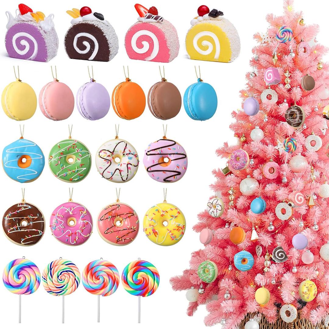 Unittype 22 Pcs Candy Christmas Tree Ornaments Set Donuts Lollipops Macaroon Cake Dessert Hanging Decoration Cute Candy Theme Christmas Tree Ornaments Xmas Home Hanging Charms Pendants Accessories