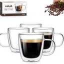 Double Walled Espresso Cups Set of 4, Hand Blown 5.5OZ Espresso Shots Glass, Coffee Mugs with Handle Perfect for Latte, Cappuccino, Tea