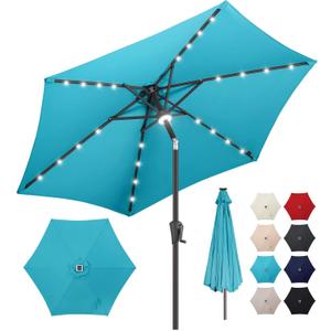 7.5ft Solar Umbrella Outdoor - Lighted Solar Patio Umbrella with 24 LED Lights Waterprool UV Protection, Table Umbrella with Tilt for Pool, Porch, Garden, Deck, Backyard (Aqua Blue)