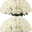 Kisflower 60 Pcs White Roses Artificial Flowers Bulk, Silk Roses with Stem Realistic White Artificial Roses for Decoration DIY Wedding Bouquet Bridal Shower Party Home Table Centerpieces Decor (White)