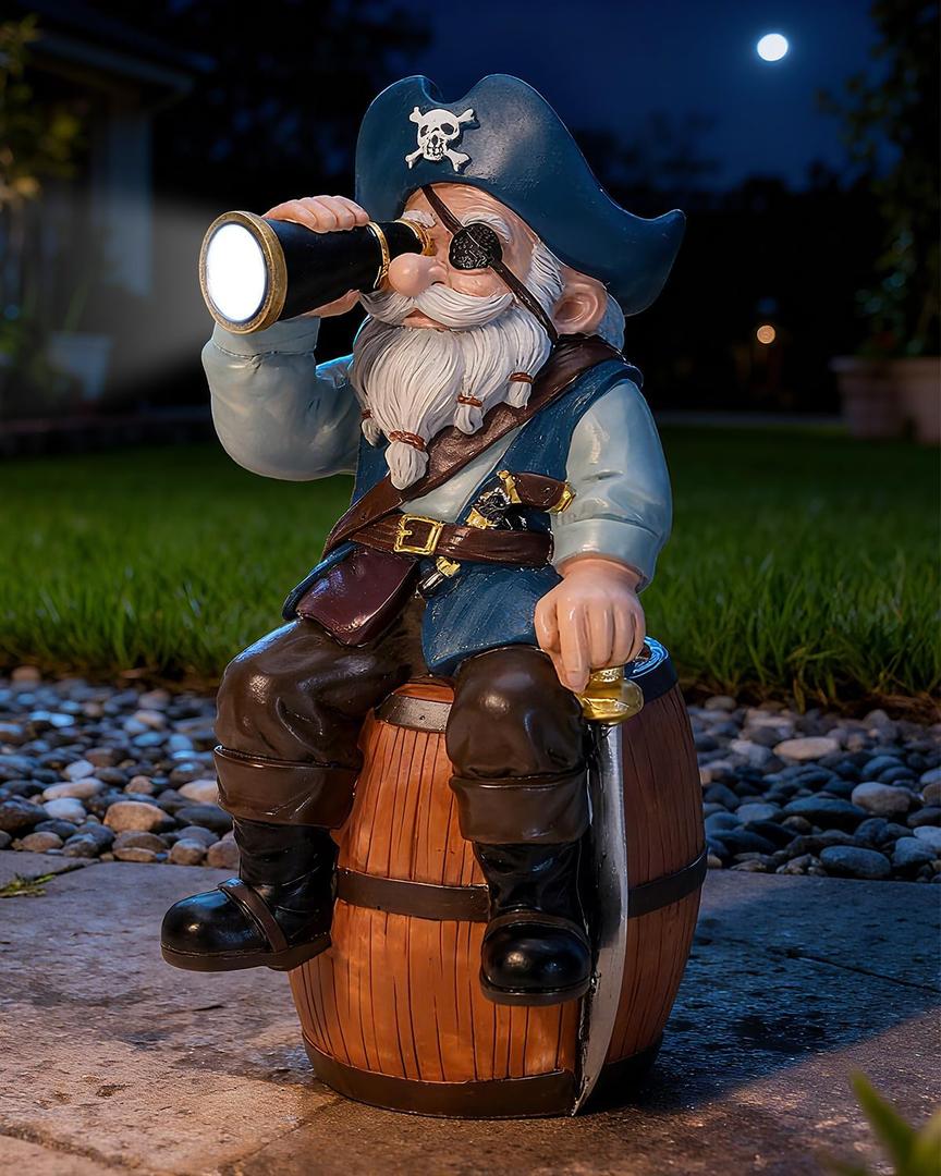 Solar Garden Gnome Statues Funny Resin Pirate Gnome Decorations Sitting on Wine Barrel Outdoor Figurines for Yard Patio Mom Gift