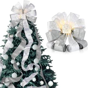 Large Christmas Tree Topper Bow 12.6 X 118 inch Lighted up Christmas Bow with 4 X 3 Yards Ribbon Streamers for Xmas Christmas Tree Decor(White Silver)