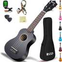 iECO Soprano Ukulele Beginner Kit Adults 21 Inch Ukelele w/Case Strap Tuner Strings Picks (Black)