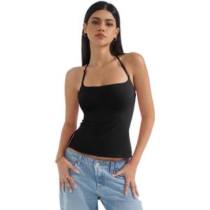 SUUKSESS Women Halter Double Lined Tank Top Backless Going Out Camisole Crop Top (X-Small, Jet Black)
