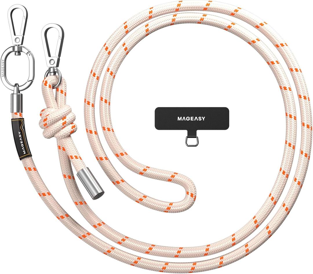 MAGEASY Universal Cell Phone Lanyard - Anti-Theft Thick Rope Crossbody Phone Strap for iPhone 17 Pro Max & Most Smartphones, for Men & Women | 8.3mm Beige/Orange