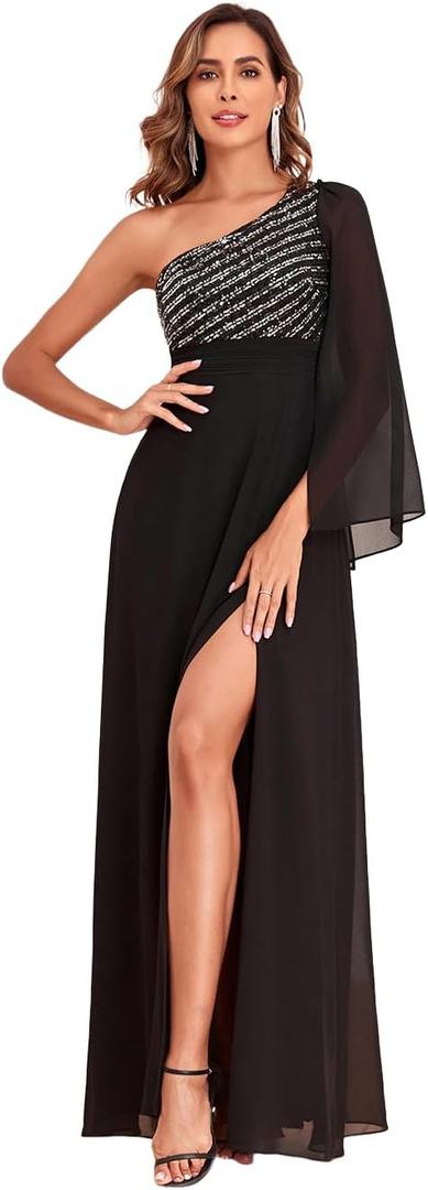 Women's Formal Evening Gowns Dress Long One Shoulder Sparkly Sequin Chiffon Split Cocktail Wedding Guest Ball Dresses (Black, M)