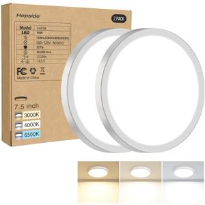 2PACK LED Flush Mount Ceiling Light, 3000K-4000K-6500K & 100W Equivalent Modern Kitchen Recessed Ceiling Lamp 15W 1500Lm 7.5 Inch for Bathroom Closet Laundry Bedroom, White