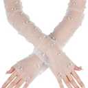 2 x White Lace Sheer Gloves,Bridal Accessories with Pearls for Wedding, Fingerless Gloves, Long Elbow Wedding Armwear for Tea Opera Party and Hallowmas Costume (White)