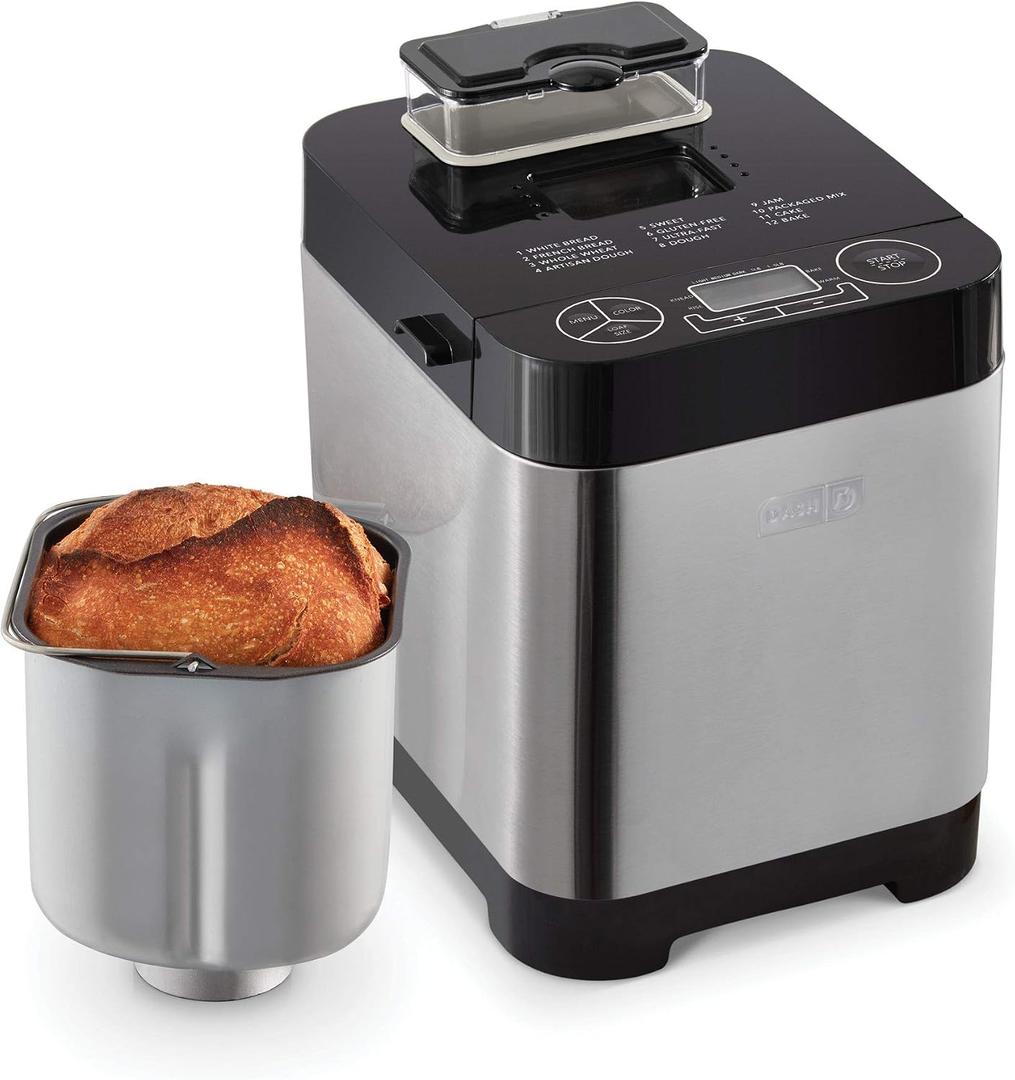 Dash Everyday Bread Maker - Features Pre-Programmed Baking Modes, Automatic Ingredient Dispenser & Digital Display Panel - Durable Nonstick Bread Pan - Up to 1.5 Pounds - Black