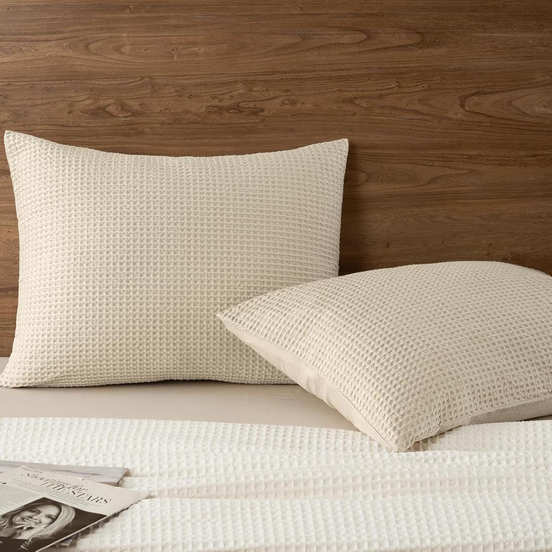 PHF 100% Cotton Waffle Pillow Shams Standard Size, 2 Pack 20" x 26" Soft Skin-Friendly and Breathable Pillowcases, No Filling, Aesthetic Woven Waffle Weave Pillow Covers for Bed, Linen