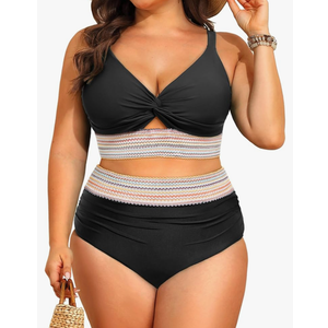 Daci Plus Size Two Piece Swimsuits - High Waisted Bikini for Women Tummy Control Bathing Suits Knot Twist Swimwear 2025, 14W, Black