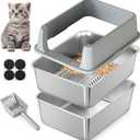 Stainless Steel Sifting Litter Box for Pine Pellets, Sifting Cat Litter Box with Sifter, High Side for Small Cats, Anti-Leakage, Odor Control, Includes Scooper, 17.7" x 13.8" x 11"