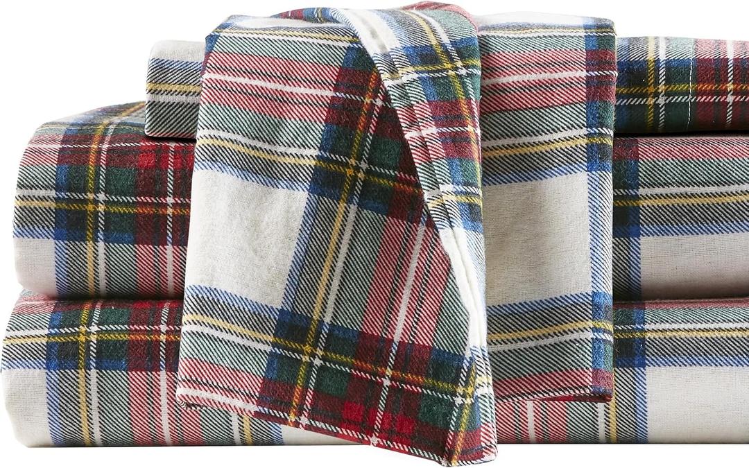 Comfort Spaces Cotton Flannel Sheets Cal King Size, Ultra Soft Flannel Sheet Set with 14" Elastic Pocket , Plain Print Warm Flannel Bedding, Scottish Plaid Red 4 Piece