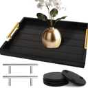 Coffee Table Trays - Large Ottoman Tray for Living Room - Wood Serving Trays with Handles(2 Sets) - Wooden Tray for Coffee Table, 4 Round Coasters Included, Black