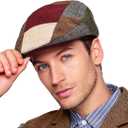 Herringbone Flat Ivy Newsboy Cap for Men Classic Wool Blend Tweed Cabbie Hat (Large-X-Large, Patchwork 02 With Red Brim)