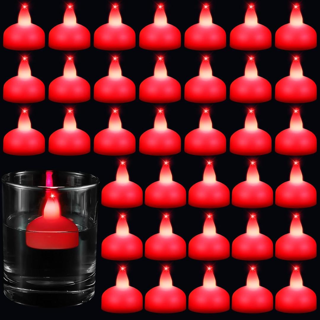 Honoson 36 Pack 1.6" Flameless Led Floating Candles Waterproof Tealights Battery Operated Flickering Floating Candles for Wedding Centerpieces Pool Bath Party Anniversary Spa Home Decor(Red Light)