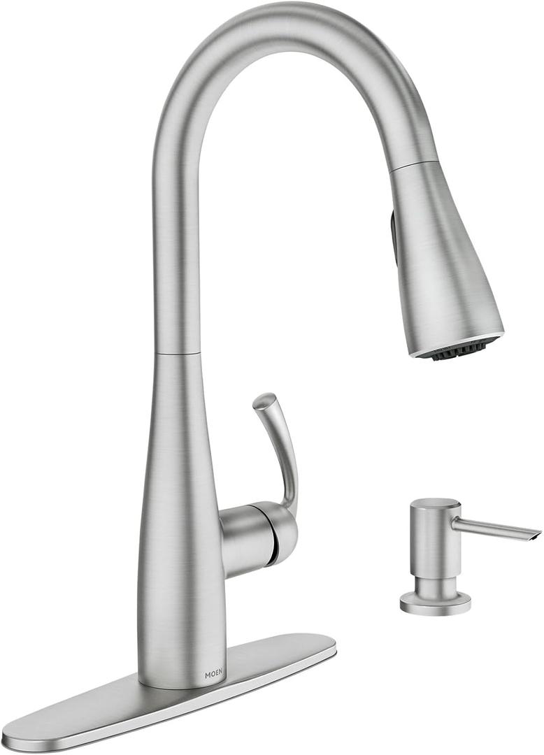 Moen Essie Spot Resist Stainless Pulldown Sprayer Kitchen Sink Faucet Set with Modern Pump Soap Dispenser, 87014SRS (Missing Soap Dispenser and a Couple Parts)