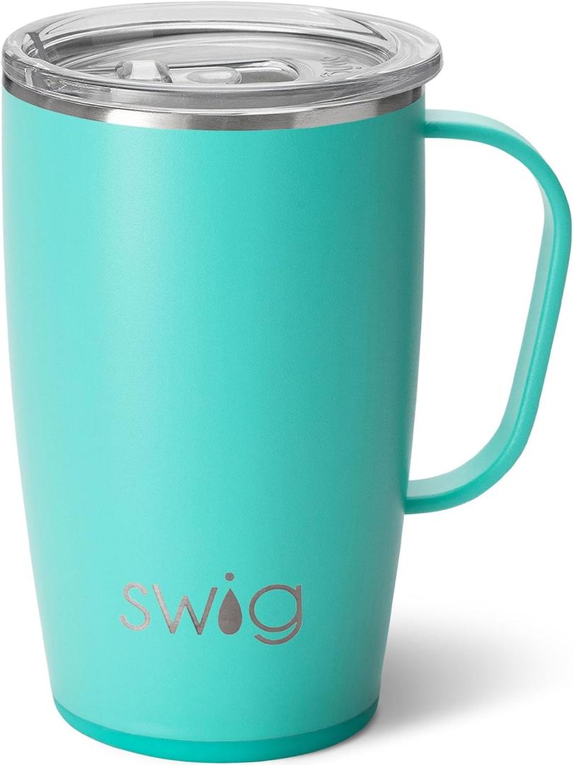 Swig Life 18oz Travel Mug, Insulated Tumbler with Handle and Lid, Cup Holder Friendly, Dishwasher Safe, Stainless Steel, Travel Coffee Cup (Aqua)