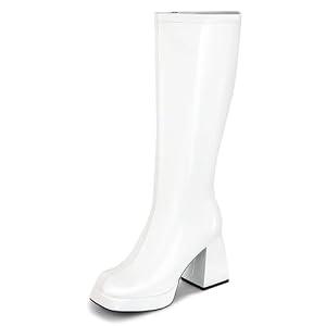 SOVANYOU White Knee High Boots for Women White Gogo Boots of the 70s Disco Tall Boot Square Toe Chunky High Heeled Patent Leather Long Boot, Size 39